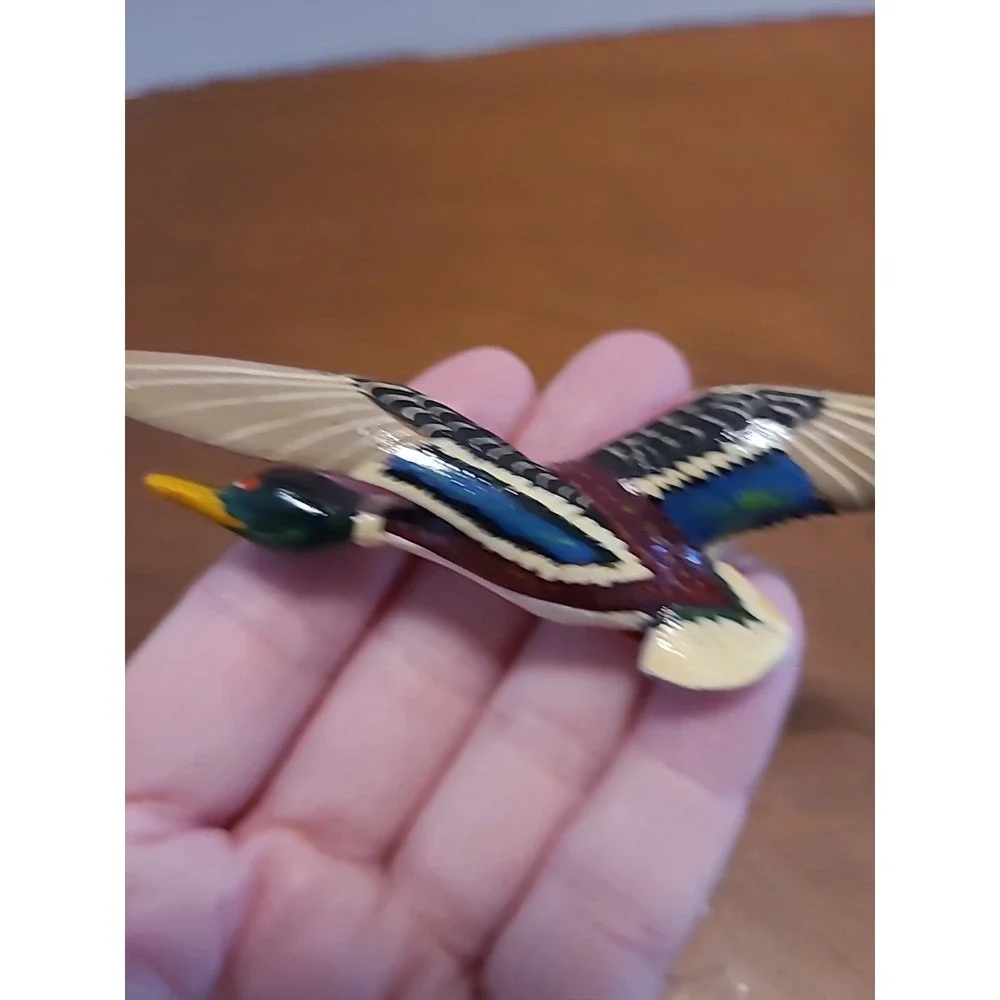 Vtg 70s Mallard Duck Brooch Pin Carved Wood Hand Painted Figural Bird Signed‎